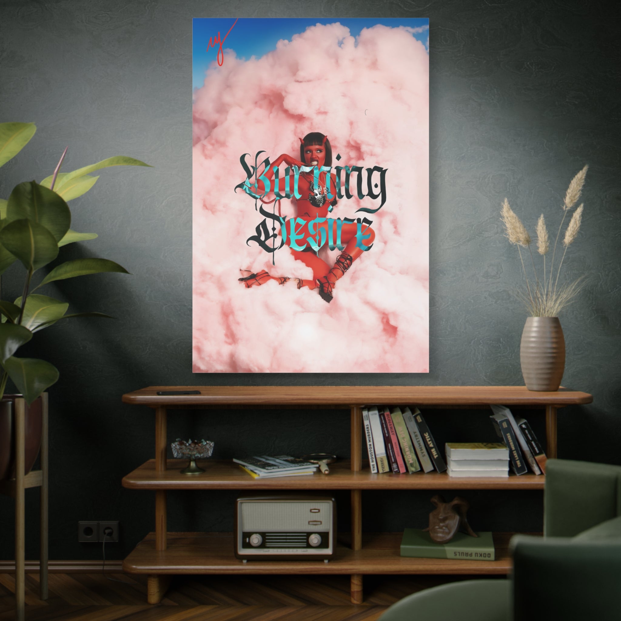 Matte Stretched Canvas Wall Art — 'Burning Desire' Retro Pop Portrait on Pink Clouds