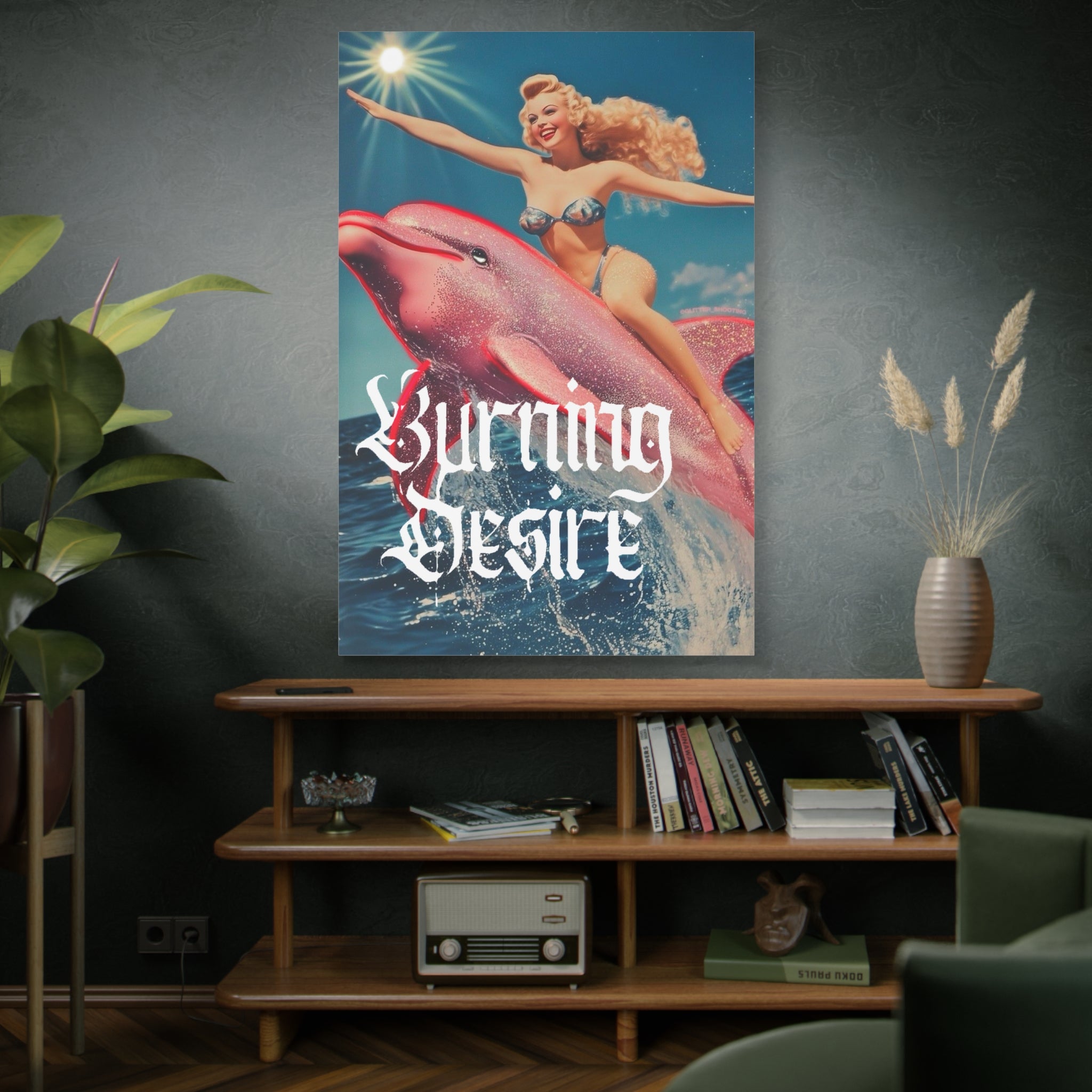 Retro Pin-Up Dolphin Canvas - "Burning Desire" Matte Stretched Wall Art