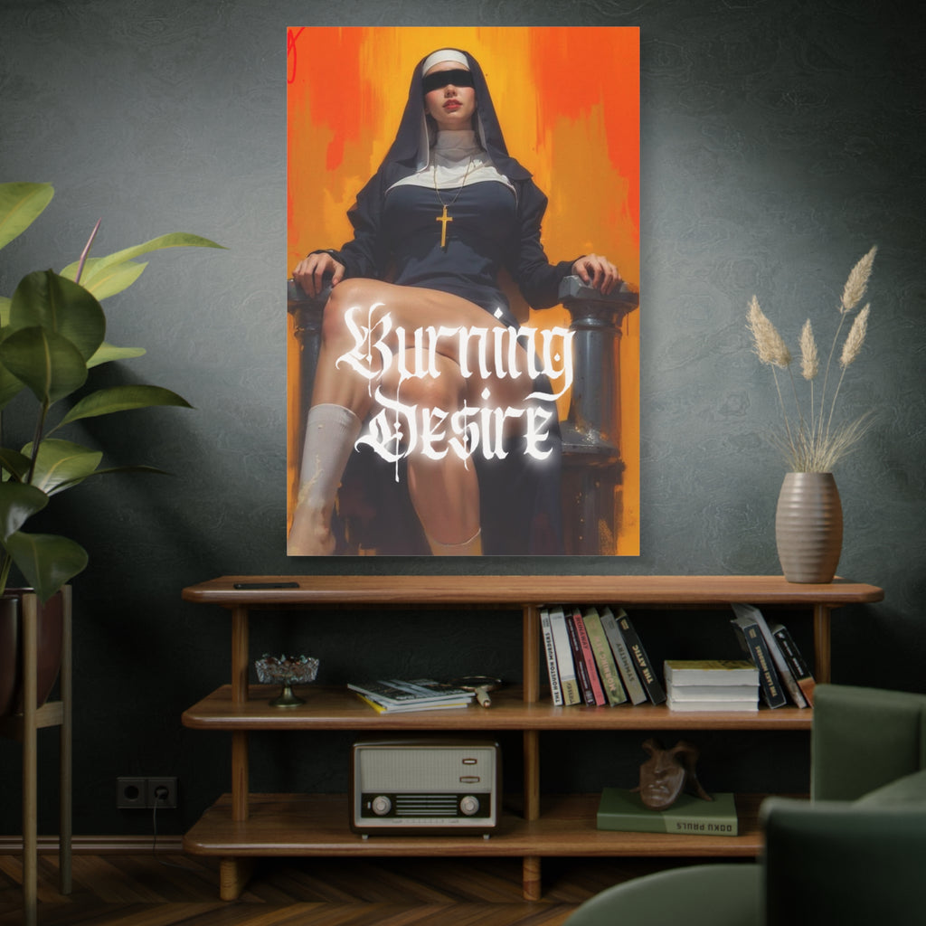 Burning Desire Matte Canvas Art Print — Provocative Nun Illustration