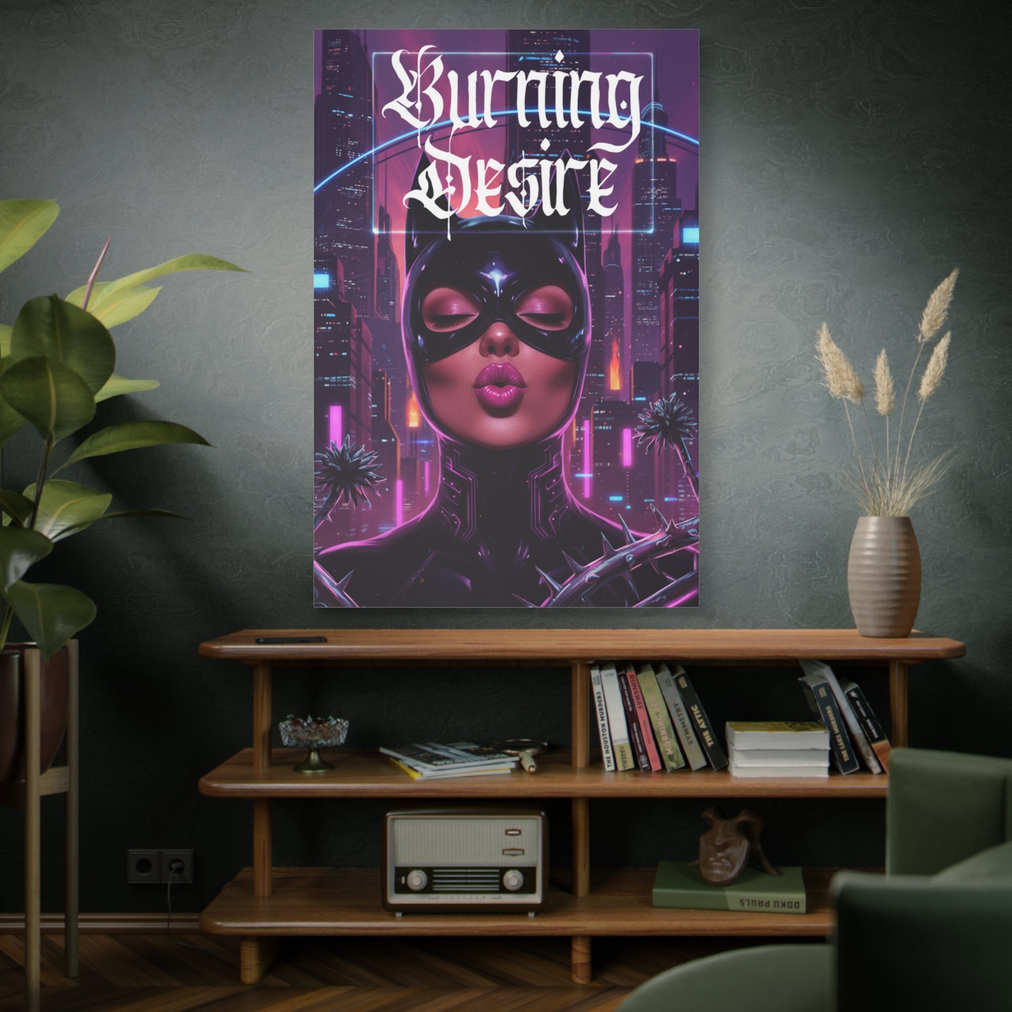 Burning Desire Matte Canvas Wall Art — Neon Cyberpunk Catwoman Portrait, Stretched 1.25"