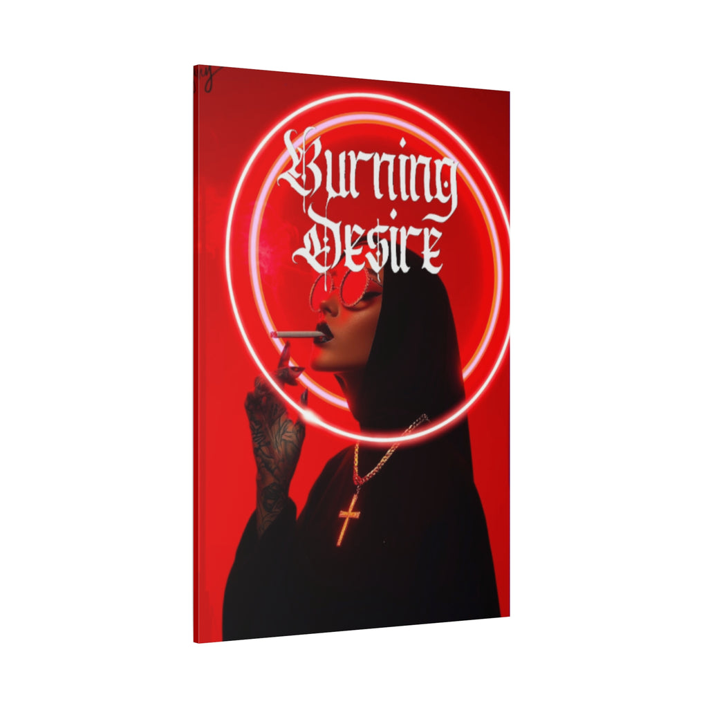 Burning Desire Matte Canvas Wall Art — Red Neon Nun Portrait