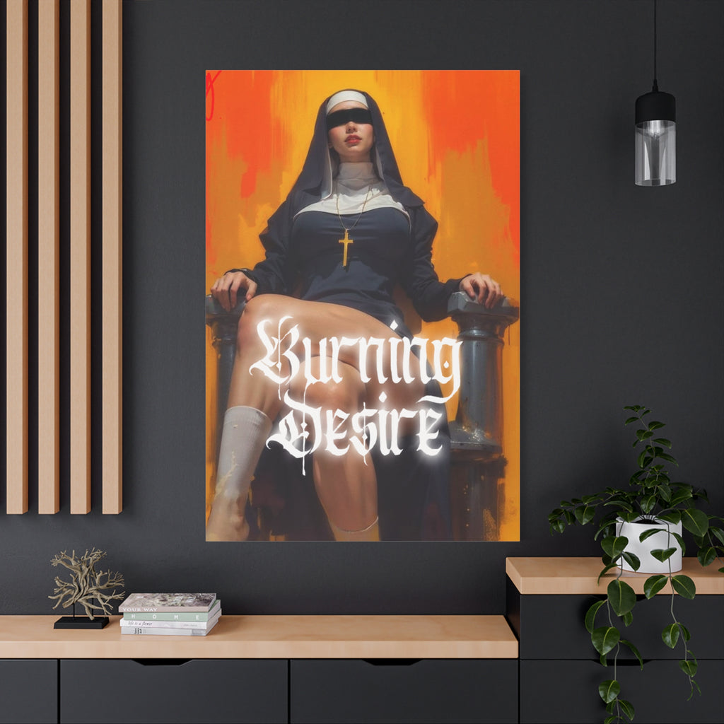 Burning Desire Matte Canvas Art Print — Provocative Nun Illustration