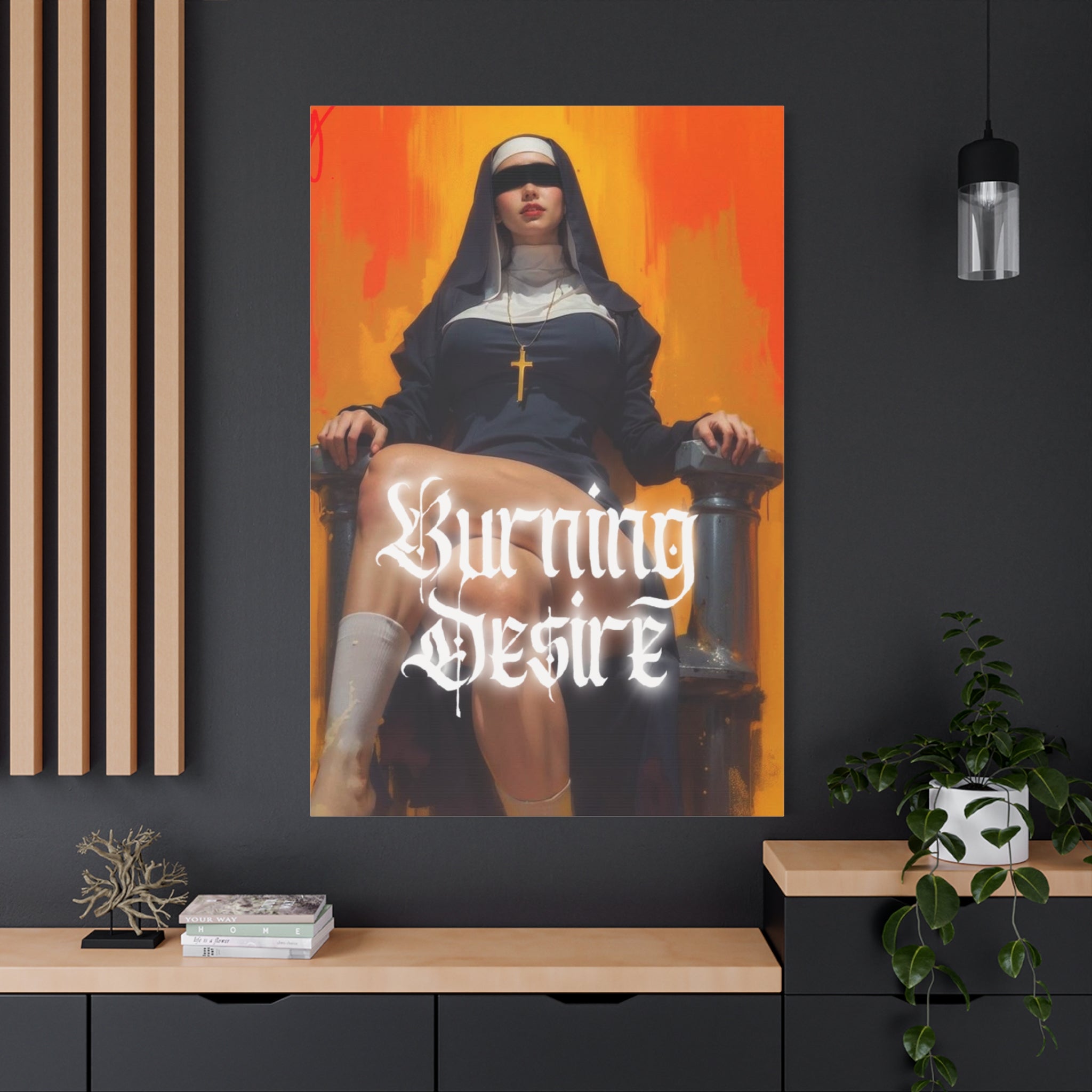 Burning Desire Matte Canvas Art Print — Provocative Nun Illustration