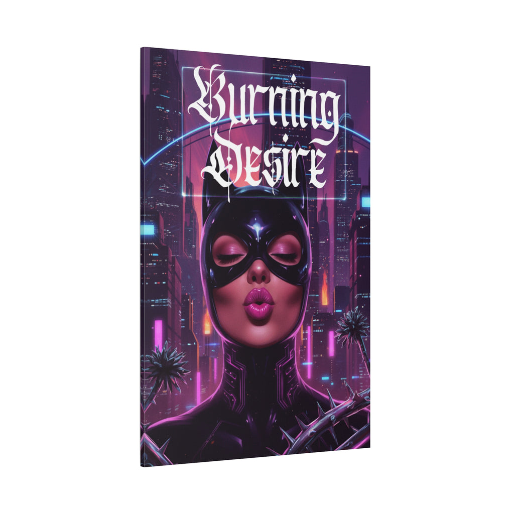 Burning Desire Matte Canvas Wall Art — Neon Cyberpunk Catwoman Portrait, Stretched 1.25"