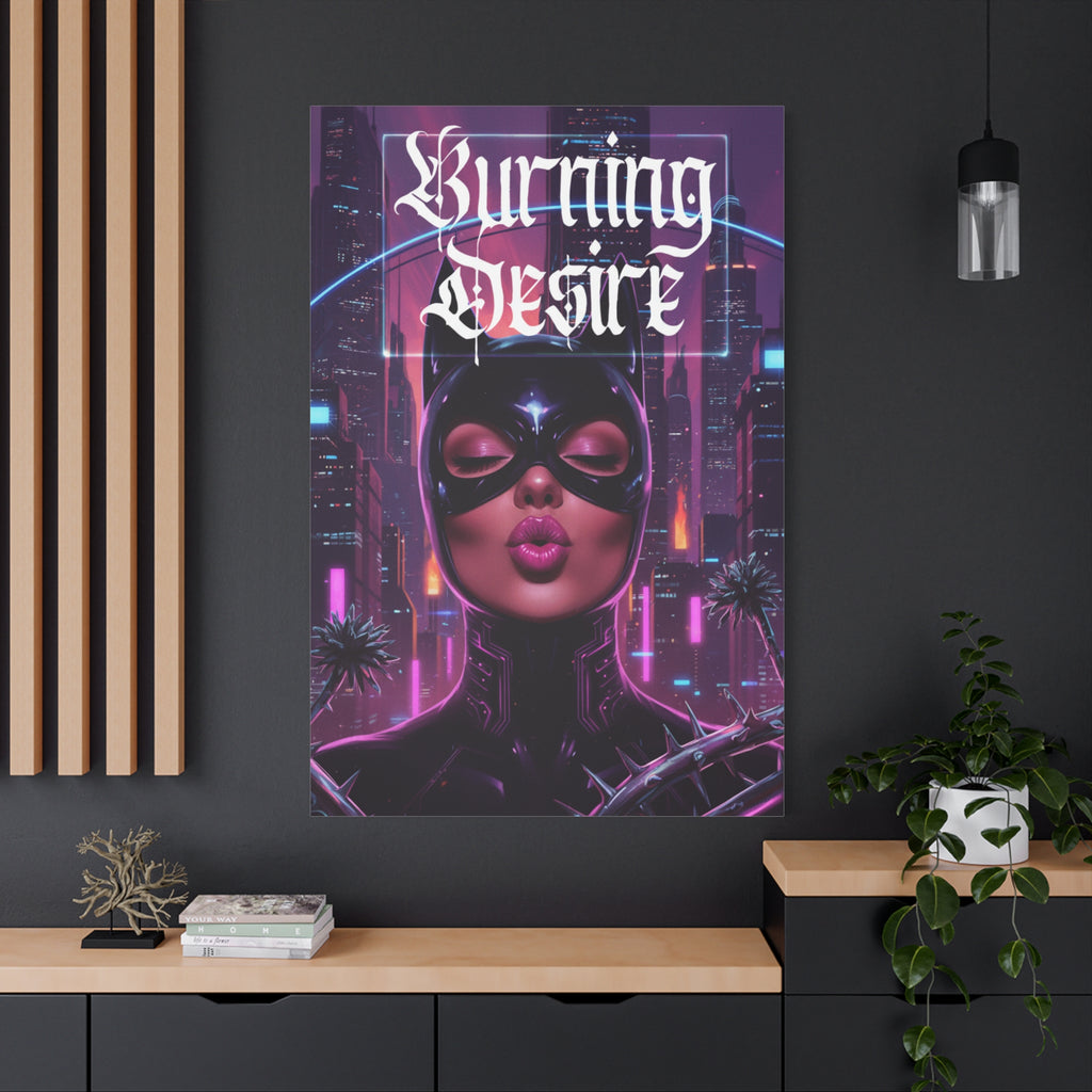 Burning Desire Matte Canvas Wall Art — Neon Cyberpunk Catwoman Portrait, Stretched 1.25"