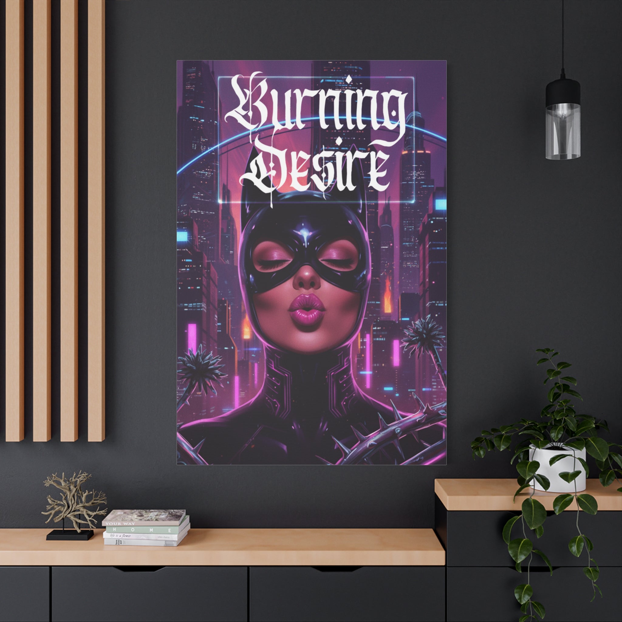 Burning Desire Matte Canvas Wall Art — Neon Cyberpunk Catwoman Portrait, Stretched 1.25"
