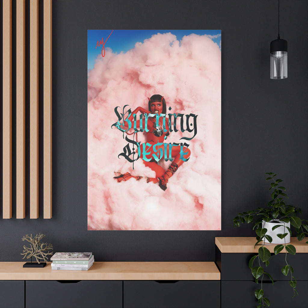 Matte Stretched Canvas Wall Art — 'Burning Desire' Retro Pop Portrait on Pink Clouds