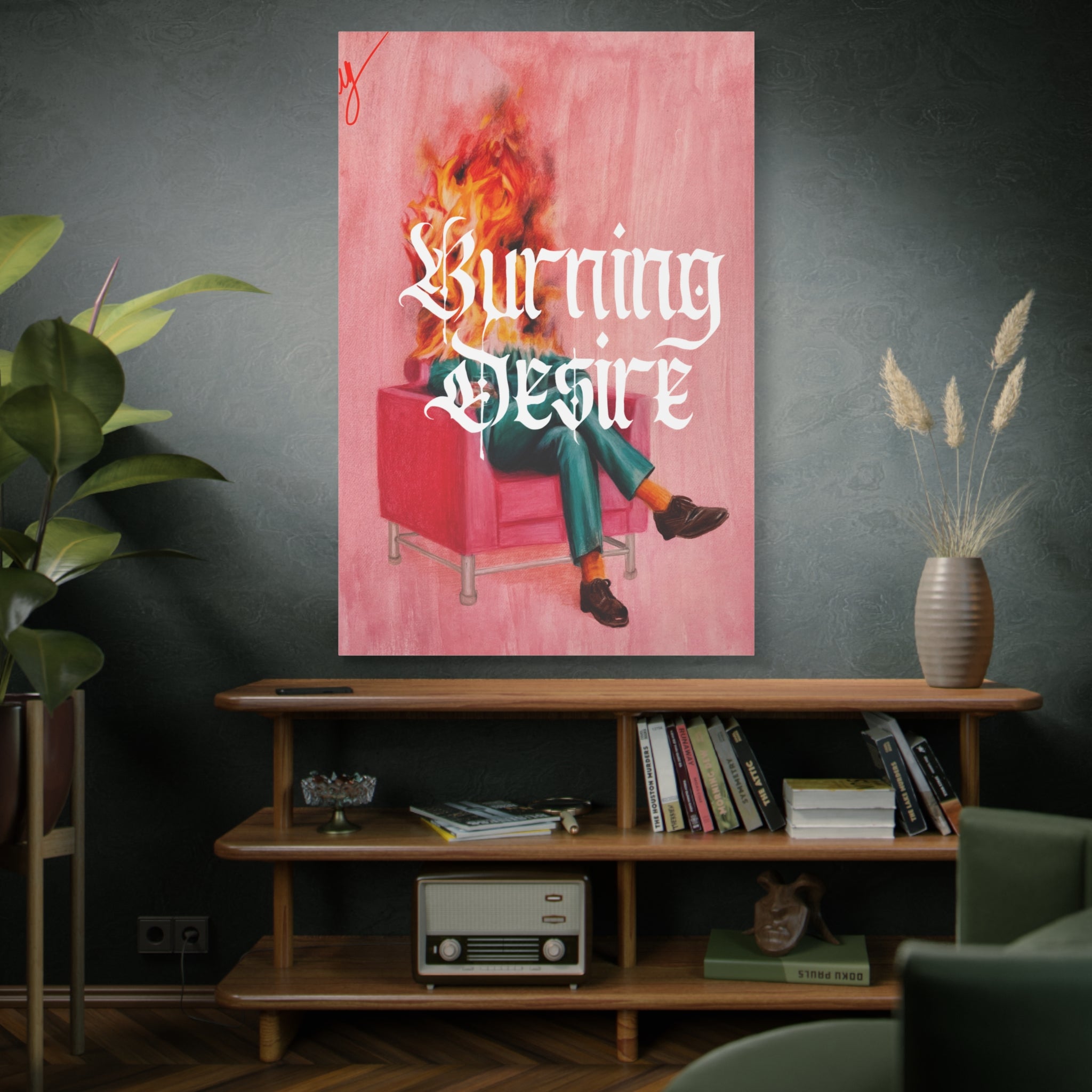Burning Desire Matte Canvas Wall Art — Surreal Flaming Head Pop Art Poster