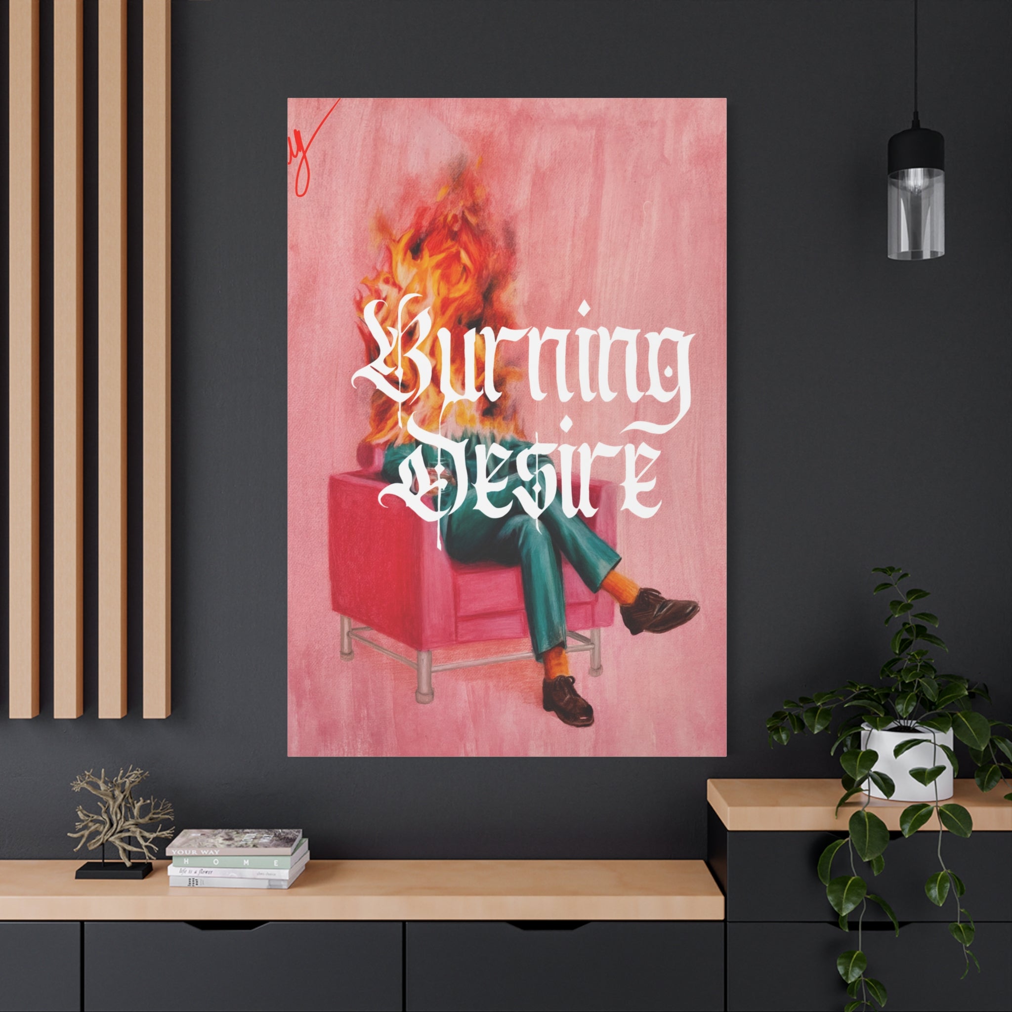 Burning Desire Matte Canvas Wall Art — Surreal Flaming Head Pop Art Poster