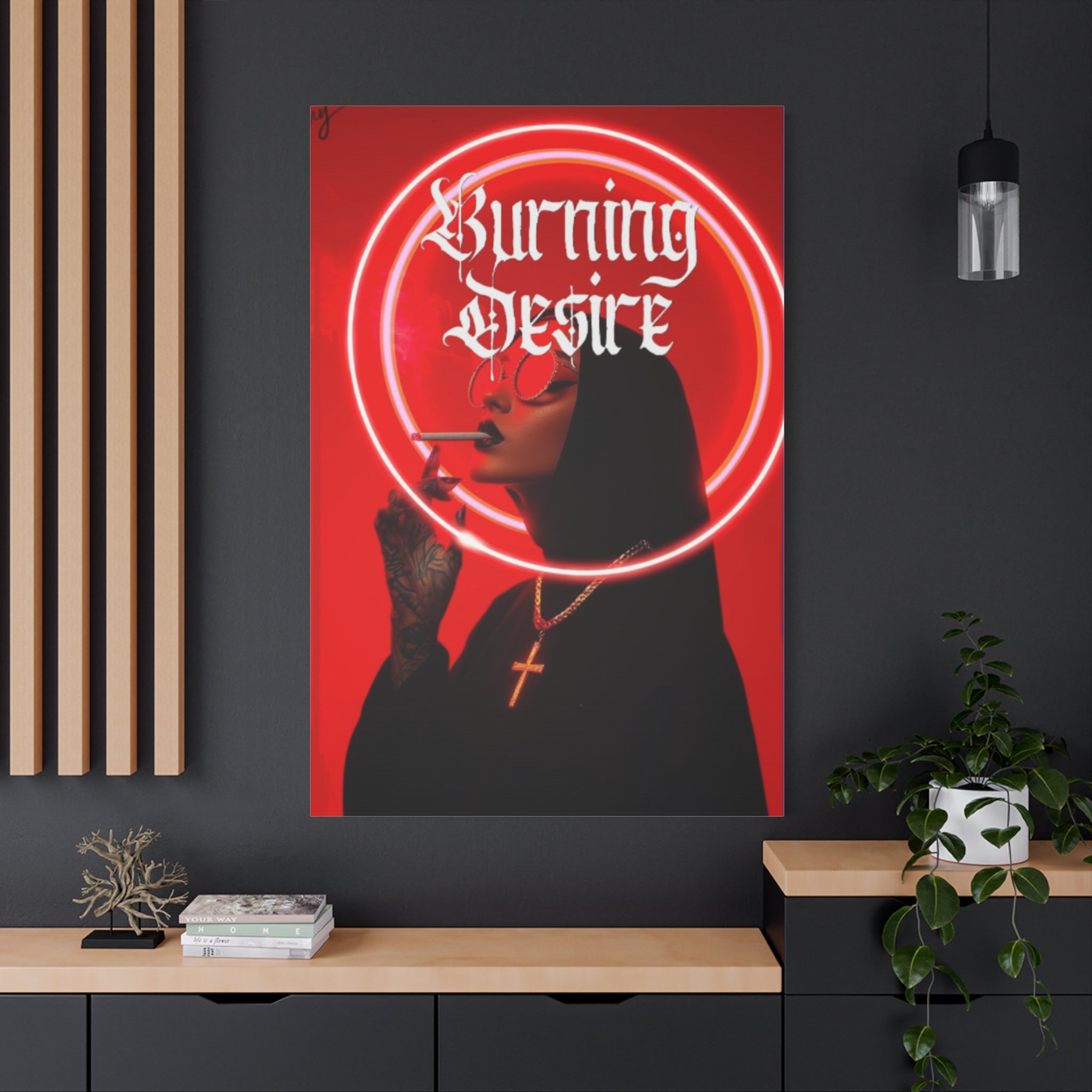 Burning Desire Matte Canvas Wall Art — Red Neon Nun Portrait