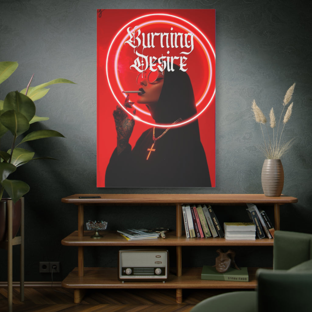 Burning Desire Matte Canvas Wall Art — Red Neon Nun Portrait